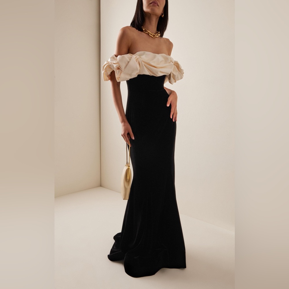 Rachel Gilbert Virgo White Ruched Black Velvet Strapless Maxi Gown NWT